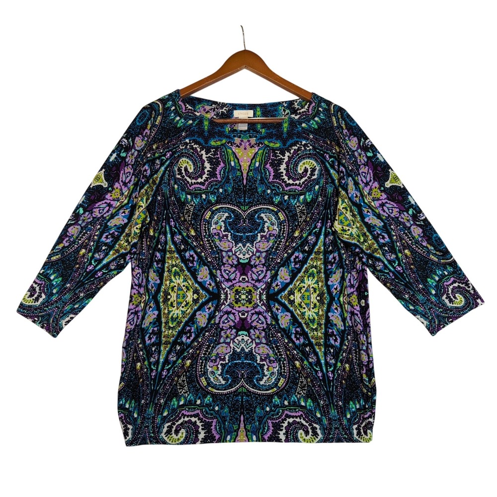 Chicos Sz 12 Large Paisley 3/4 Sleeve Knit Top Blue Purple Colorful Bold